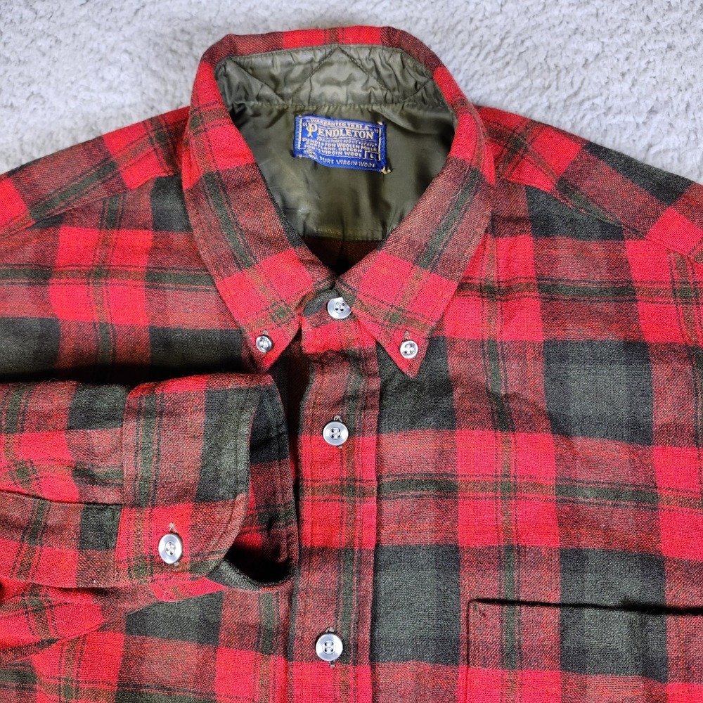 Vintage Pendleton Flannel Virgin Wool Red Plaid Button Down Shirt Large